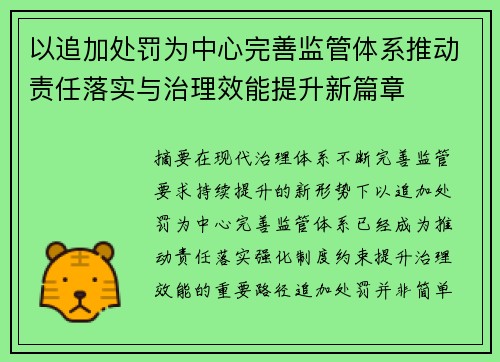 以追加处罚为中心完善监管体系推动责任落实与治理效能提升新篇章 以追加处罚为中心完善监管体系推动责任落实与治理效能提升新篇章